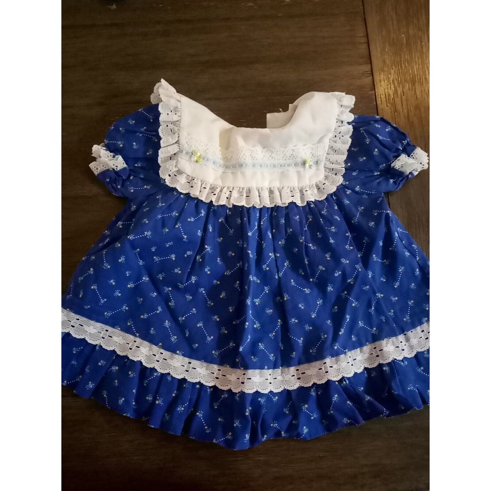 Vintage kLL Dress Size 12 Months Blue Floral USA Made Collar Lace Ribbon Cottage